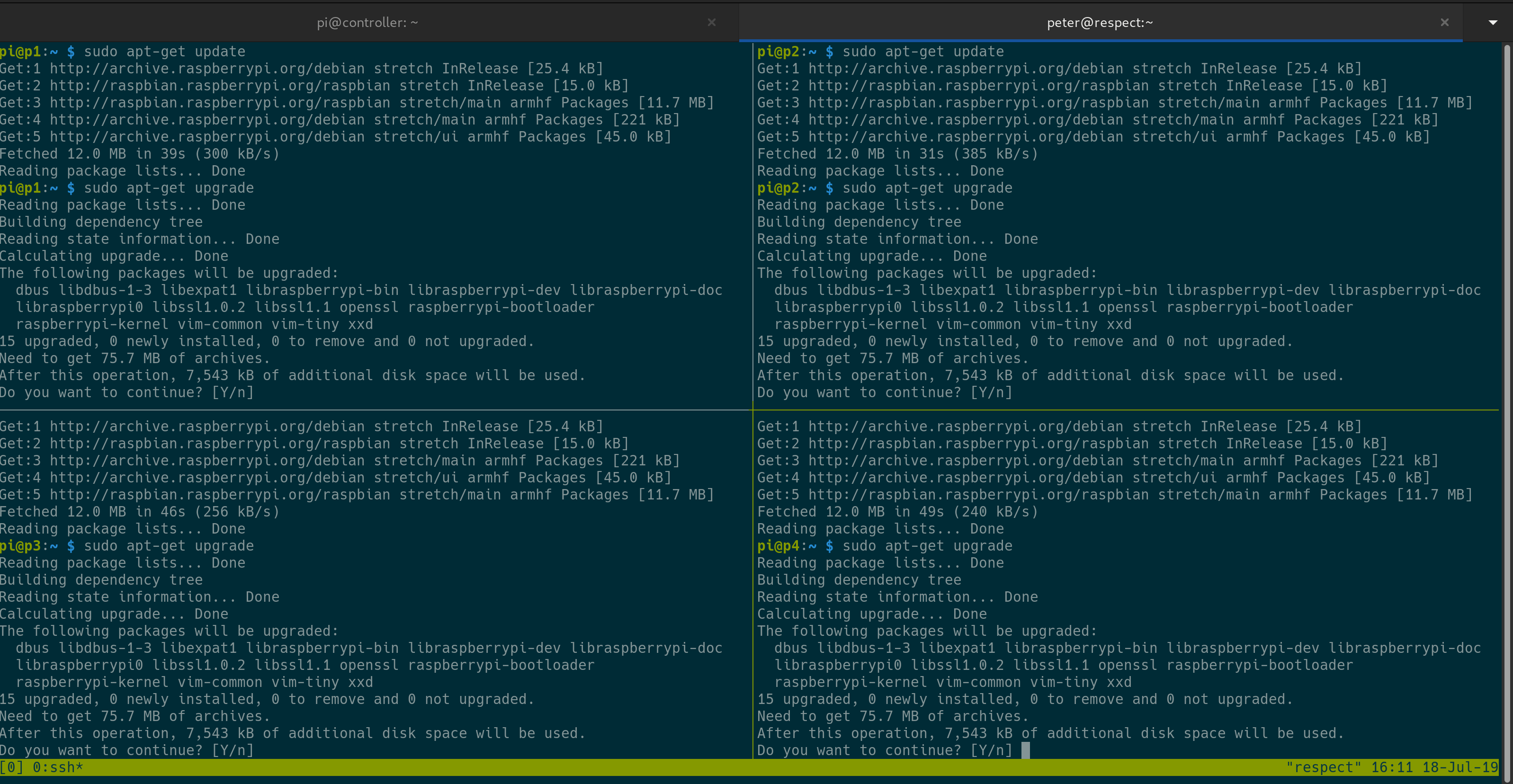 tmux session multiplexing dist-upgrade on all four Pi Zeros
